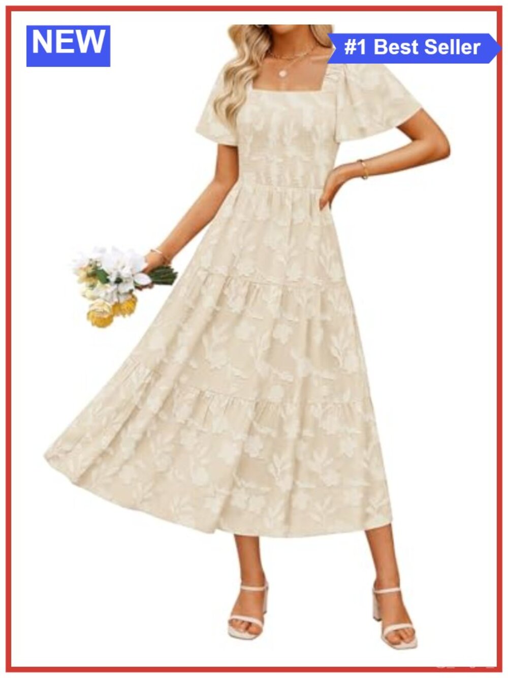 Boho Floral Square Neck Midi Dress Summer Wedding Guest